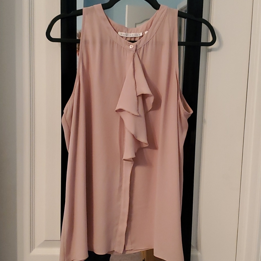 Blush colored sleeveless button down blouse.